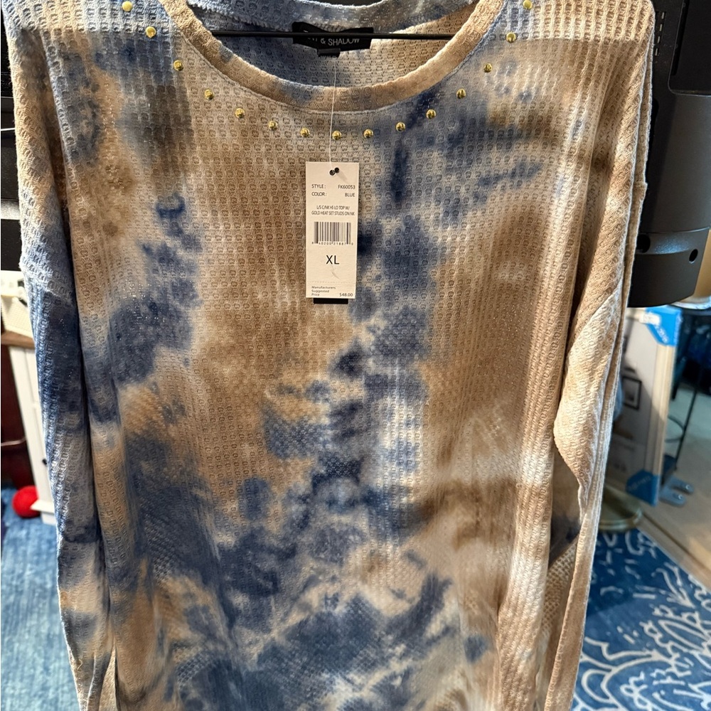 Blue and Tan Tie-Dye Women's Top Medium